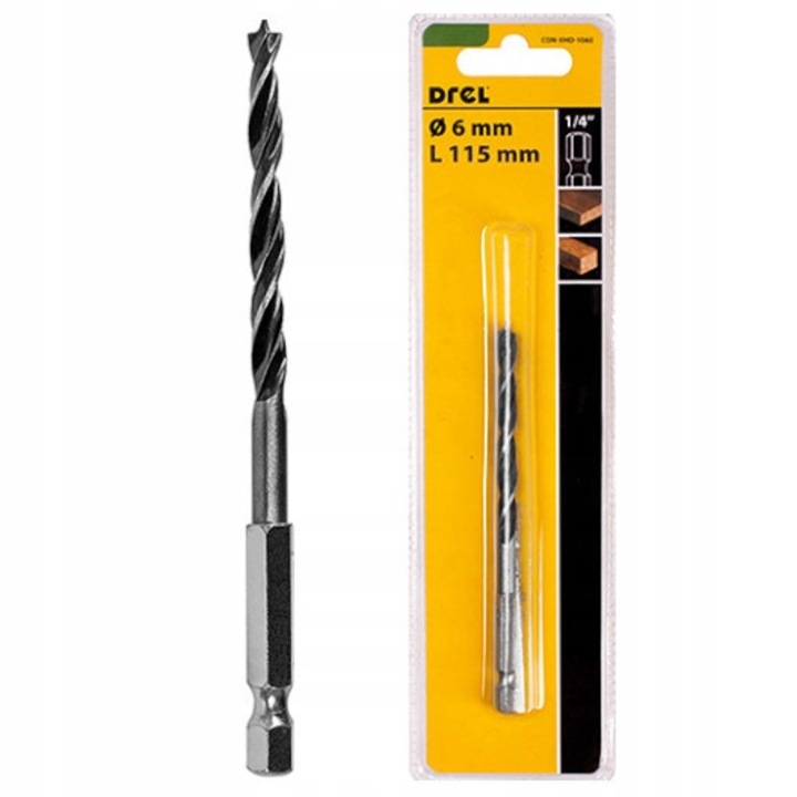 Burghiu Pentru Lemn, Drel, 11,5 cm, Diametru 5,0 mm, Lungime Totala 115 mm, Tip Prindere Hex 1/4'', Destinatie Pentru Lemn