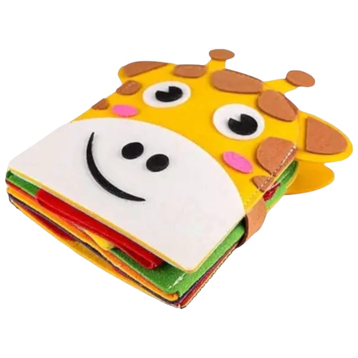 Образователна играчка, Книжка модел жираф, Със сензорни дейности, Монтесори, Изработена от филц, 1-4 години, 18x20 см, Многоцветна