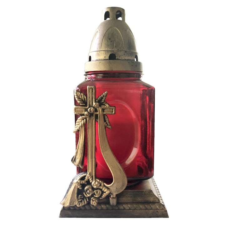 Candela Felinar din Sticla Rosie cu Cruce Aurie si Capac, 30 Ore