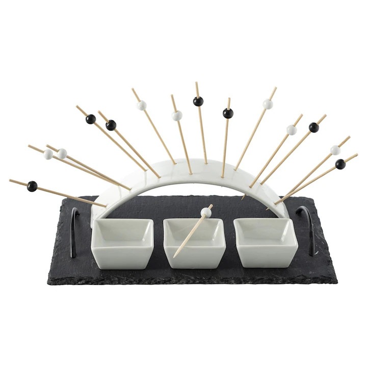 Platou aperitiv, 30 x 20 cm, portelan/ardezie/bambus