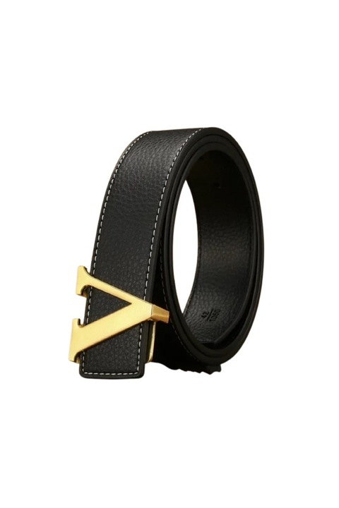 Curea din piele ecologica neagra si catarama aurie cu logo V unisex