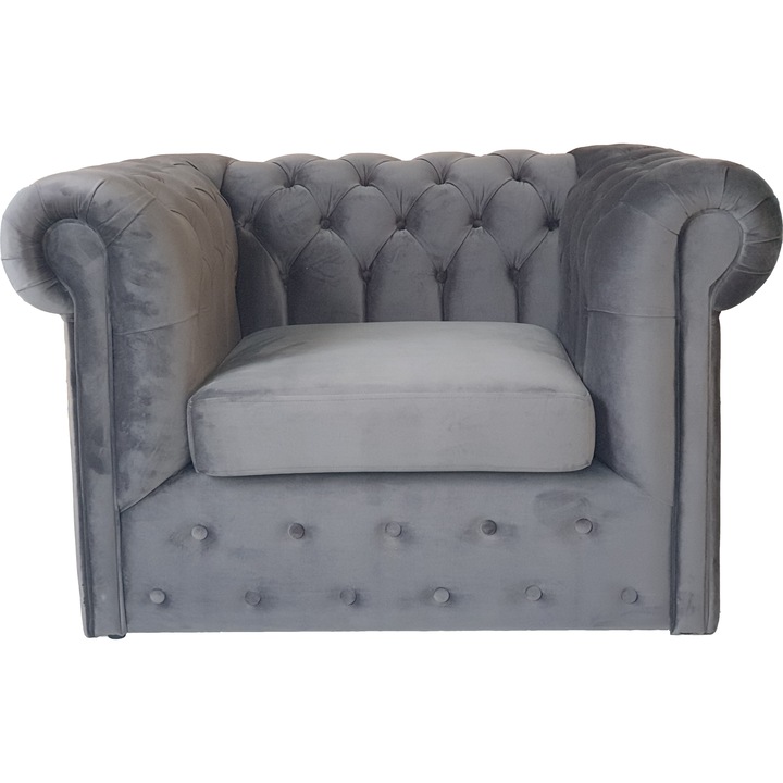 Fotoliu Chesterfield York, Lungime 125cm, Catifea Gri inchis Bluvel 18