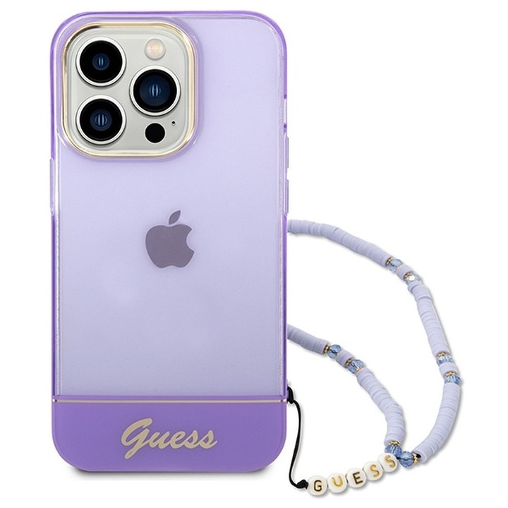 Original faceplate telefontok GUESS GUHCP14XHGCOHU iPhone 14 PRO MAX (IML Electro Cam w. Strap Translucent / purple)