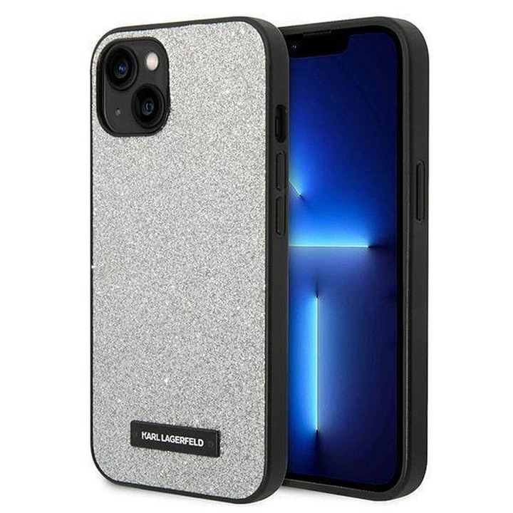 Original faceplate telefontok KARL LAGERFELD KLHCP14SG2ELS iPhone 14 (Solid Glitter Plaque Logo / ezüst)