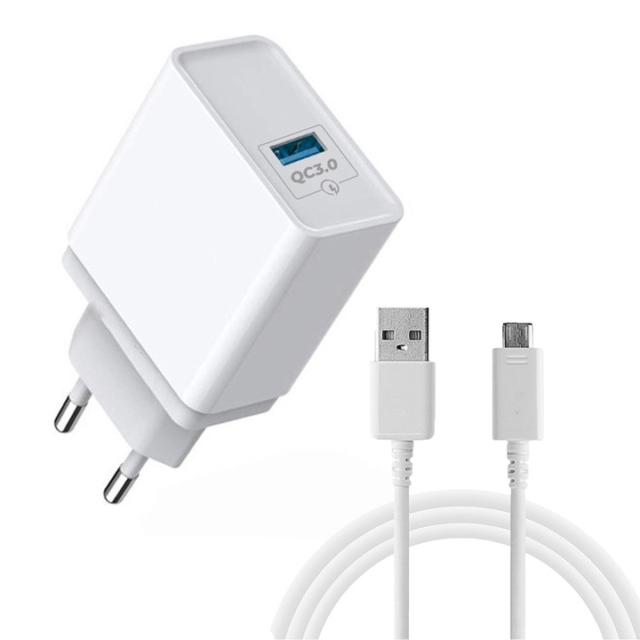 Incarcator retea Smart Daden USB 18W, Incarcare rapida, Adaptor priza, cu cablu de incarcare USB Micro, compatibil cu Samsung/Huawei/Xiaomi, Alb