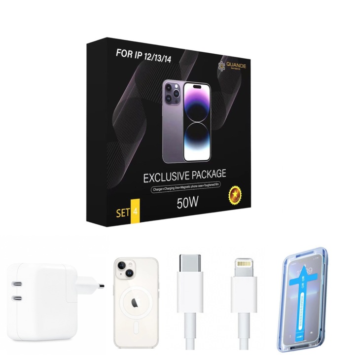 4 darabos készlet, 50W-os dual PD Usb-C töltő iPhone 14 pro Max-hoz, átlátszó magsafe burkolat, Lightning - USB-C töltőkábel, 2m, prémium üveg védőfólia beépítő készlettel