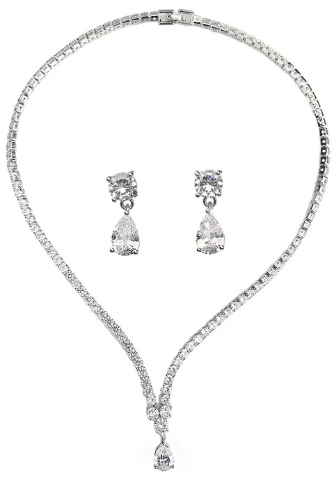 Set bijuterii, colier si cercei, Argintiu, 42 cm, cristale Zirconiu Cubic