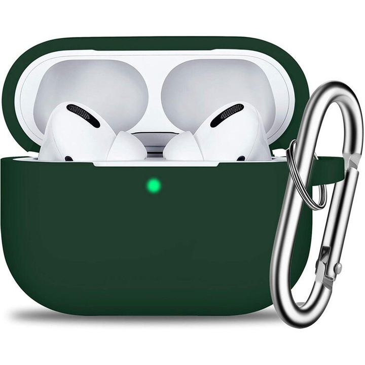 Husa Silicon Protectie compatibila cu AirPods Pro Merkie®, din Silicon Moale, cu Breloc Carabina, Incarcare Wireless, Verde
