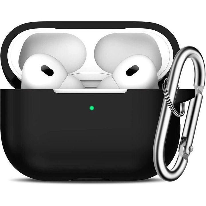 Husa Silicon Protectie compatibila cu AirPods Pro Merkie®, din Silicon Moale, cu Breloc Carabina, Incarcare Wireless, Negru