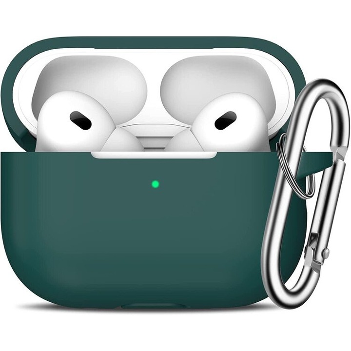 Husa Silicon Protectie compatibila cu AirPods Pro 1/2 Merkie®, din Silicon Moale, cu Breloc Carabina, Incarcare Wireless, Verde