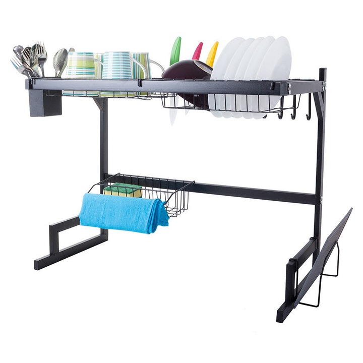 Scurgator de Vase Deasupra Chiuvetei, Suport Organizator pentru Vase, Picurator Bucatarie, Spatios, Negru, Dimensiuni 52x65x34 cm