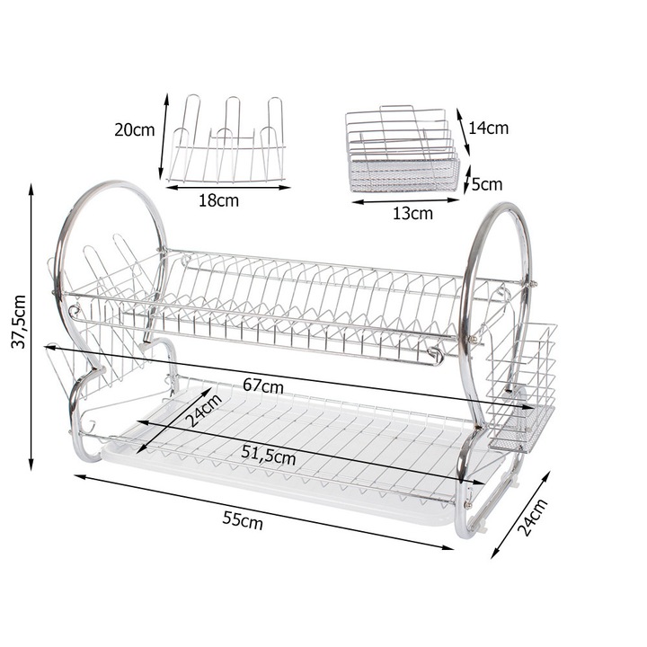 Органайзер Поставка за съдове, отцедник, кухненски отцедник, две нива, тава за отцеждане, материал хромирана неръждаема стомана, размери 37x67x24 см
