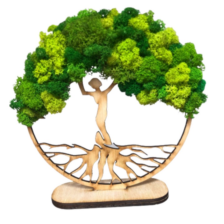 Decoratiune, copac din lemn cu suport decorat cu licheni stabilizati, mixt de verde, silueta Femeie, Doua fire mov, 20cm