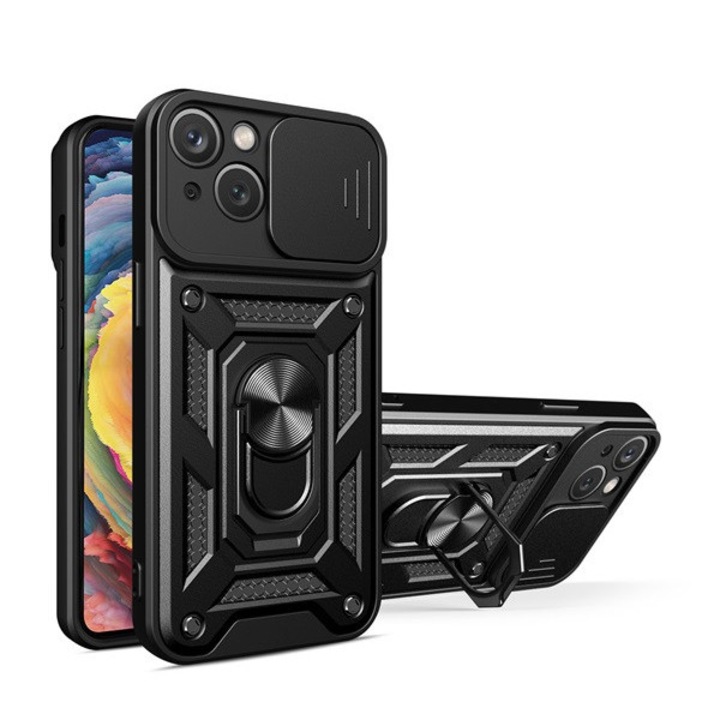 Oppo A17 Defender műanyag telefonvédő (közepesen ütésálló, szilikon belső, telefontartó gyűrű, kamera védelem) FEKETE