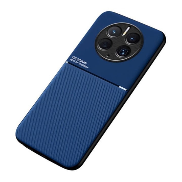 Huawei Mate 50 Pro Műanyag telefonvédő (szilikon keret, közepesen ütésálló, beépített fémlemez, bőr hatású hátlap, csíkos minta) SÖTÉTKÉK