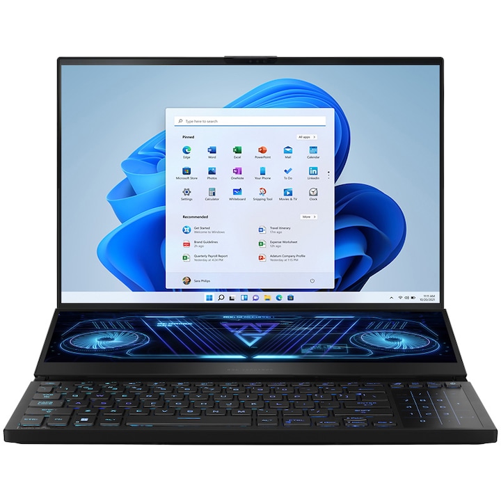 Laptop Gaming ASUS ROG Zephyrus Duo 16 GX650PY cu procesor AMD Ryzen™ 9 7945HX pana la 5.40 GHz, 16", QHD+, Mini LED, 240Hz, 64GB DDR5, 2TB + 2TB PCIe® 4.0 NVMe™ M.2 (RAID 0), NVIDIA® GeForce RTX™ 4090 16GB GDDR6 TGP 175W, Windows 11 Pro, Black