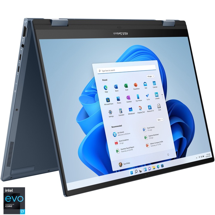 Лаптоп ASUS Zenbook 14 Flip OLED UP3404VA, Intel® Core™ i7-1360P, 14", 2.8K, OLED, Touch, 16GB, 1TB SSD, Intel® UHD Graphics, Windows 11 Pro, Ponder Blue