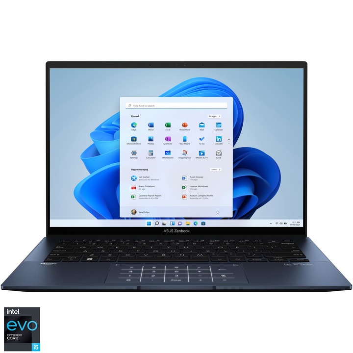 Laptop ultraportabil ASUS Zenbook 14 OLED UX3402ZA cu procesor Intel® Core™ i5-1240P pana la 4.40 GHz, 14", 2.8K, OLED, 16GB, 512GB SSD, Intel® UHD Graphics, Windows 11 Pro, Ponder Blue, Garantie extinsa 3 ani