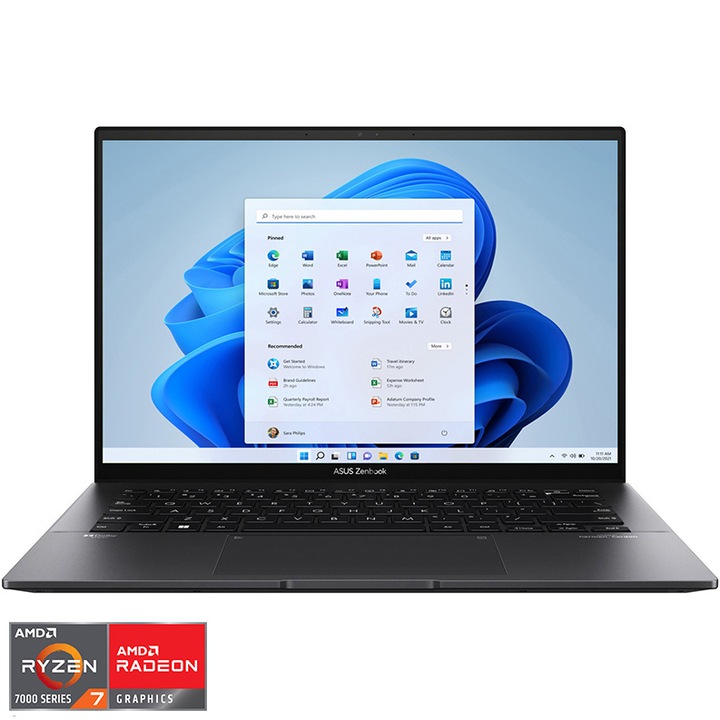 Laptop ultraportabil ASUS Zenbook 14 OLED UM3402YA cu procesor AMD Ryzen™ 7 7730U pana la 4.50 GHz, 14", 2.8K, OLED, 16GB, 1TB SSD, AMD Radeon™ Graphics, Windows 11 Pro, Jade Black, Garantie extinsa 3 ani