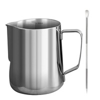 Set pahare pentru spumare lapte si stilou de latte art, Zggzerg, Cu gradatie, Masurare precisa, Cu maner si cioc, 350ml, Fara BPA, Usor de curatat, Potrivit pentru barista acasa, Inox, Argintiu