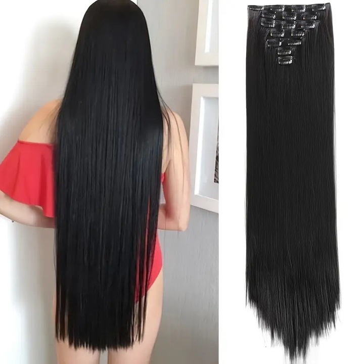 Extensii par Negre, drepte, 16 clipsuri, 80 cm, 180 grame, par lung, Animis Beauty ®, fibra sintetica cu aspect natural