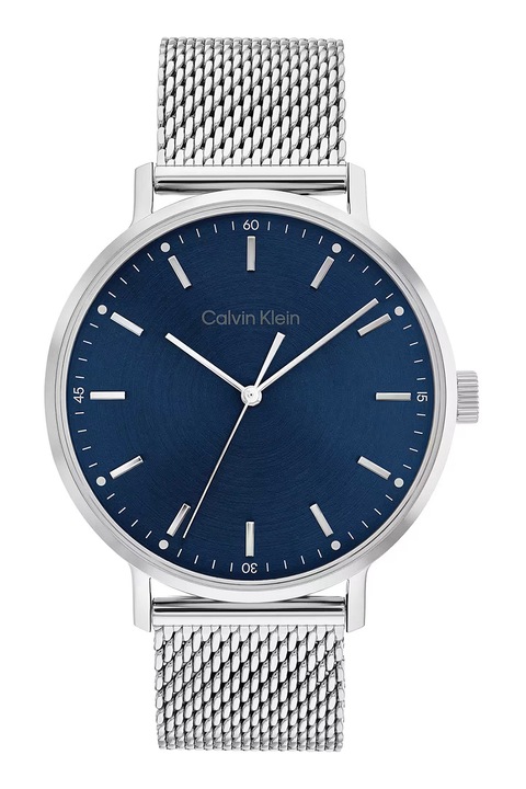 CALVIN KLEIN, Часовник с мрежеста верижка, Сребрист, Петрол