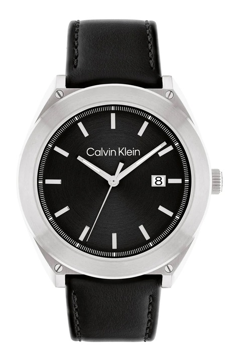 CALVIN KLEIN, Часовник с кожена каишка и лого, Сребрист, Черен