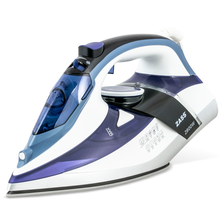 Fier de calcat cu abur Zass A 22, 2800W, Jet de abur 180 g/min, talpa ceramica, rezervor apa 450 ml, termostat reglabil, Alb/Albastru