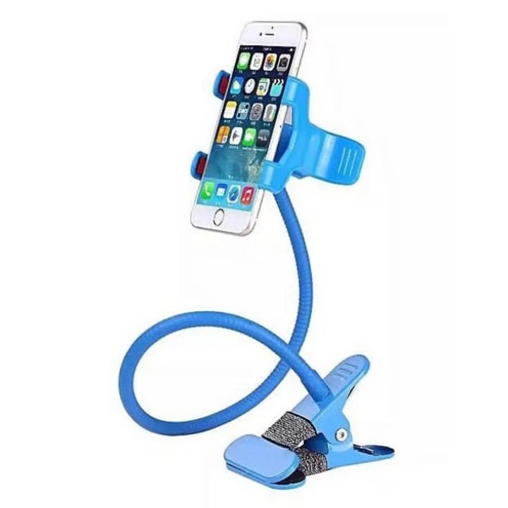 DAVIDAMI CONCEPT® Flexibilis, 360°-ban forgatható telefonállvány hosszú karral és asztali kapcsokkal, kék színű