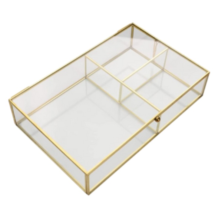 Cutie pentru bijuterii sau cosmetice, sticla cu margini metalice, model romantic, auriu 25 x 16 x 5,5 cm