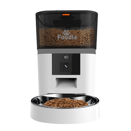 Hranitor Automat Pentru Caini si Pisici, Foodle, 6L, Wifi Camera Video FullHD, Bol Inox, Functie Adapator, Sunet Hranire, Programabil, Alb, Sursa Alimentare Dubla, 6L, Aplicatie Telefon, Accesorii Animale
