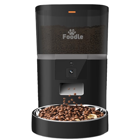 Hranitor Automat Pentru Caini si Pisici, Foodle, 6L, Wifi Camera Video FullHD, Bol Inox, Functie Adapator, Sunet Hranire, Programabil, Negru, Sursa Alimentare Dubla, 6L, Aplicatie Telefon, Accesorii Animale