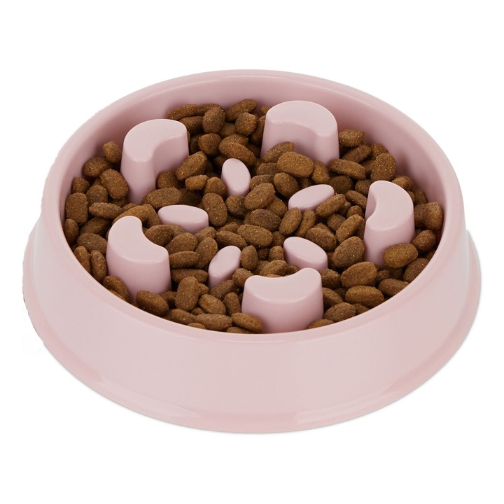 Castron hranire lenta caini, pentru prevenirea indigestiei, pentru mancare sau apa, antiderapant, roz, 5 x 22,5 x 22,5 cm