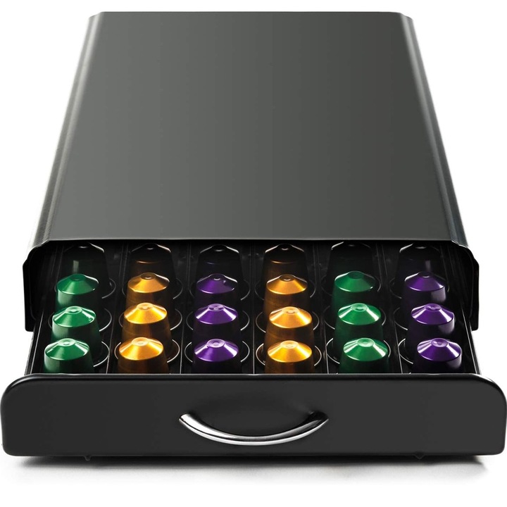 Suport 60 capsule de cafea, Bukate, 39x26.5x6.5, Design Tip Sertar, Compatibil cu Nespresso, Tchibo, Negru, Metal