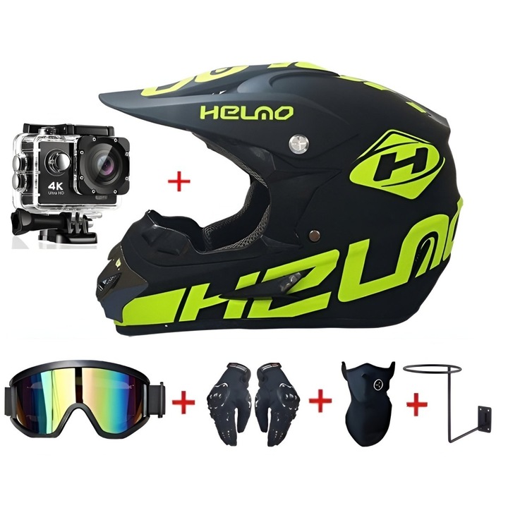 Set Casca de Protectie si Camera Video Sport 4K, Manusi, Ochelari si Cagula, Moto, Cross, Enduro, ATV, Marime M, ABS, Negru - Verde, Interior Detasabil Lavabil, Flytec™