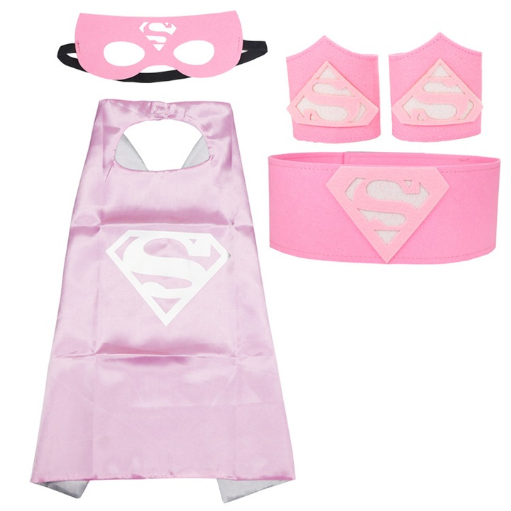 Costum Superman Set de 5 piese, Party Chili®, Ziua Copilului, Paste, Pelerina, Masca, Curele, Protector de incheietura mainii, Carnaval, Craciun, Halloween, Roz, 70 x 70cm