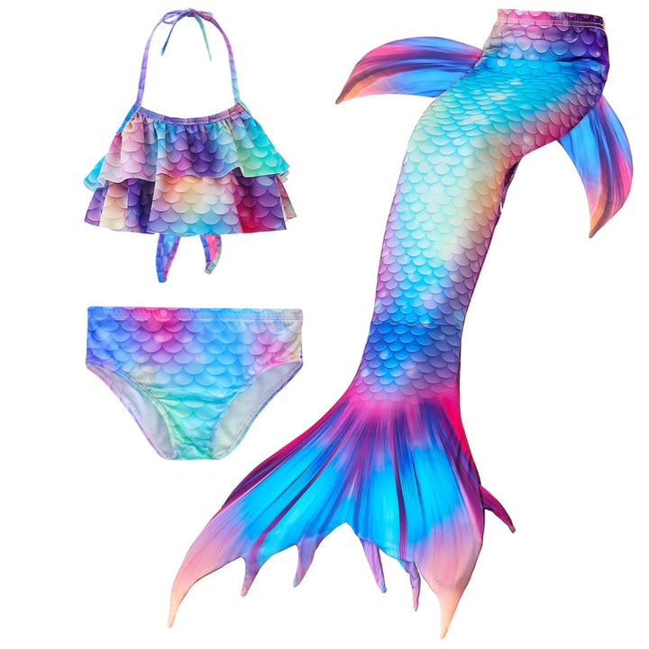 Set 3 piese Costume Sirena Printesa Ariel de baie fetite, Party Chili®, tematica petrecere de vara, Ziua Copilului, Paste, Albastru/Multicolor