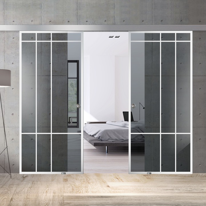 Usa glisant Boss ® Duo model Event alb, 90+90x215 cm, sticla gri securizata, culisanta in ambele directii