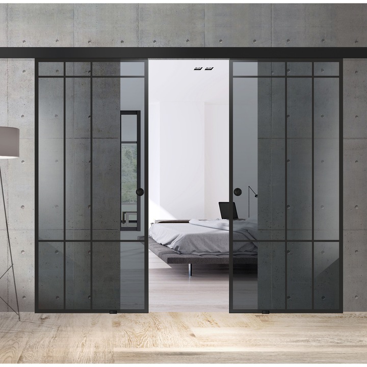 Usa culisanta Boss ® Duo Black model Event negru, 90+90x215 cm, sticla gri securizata, glisanta in ambele directii