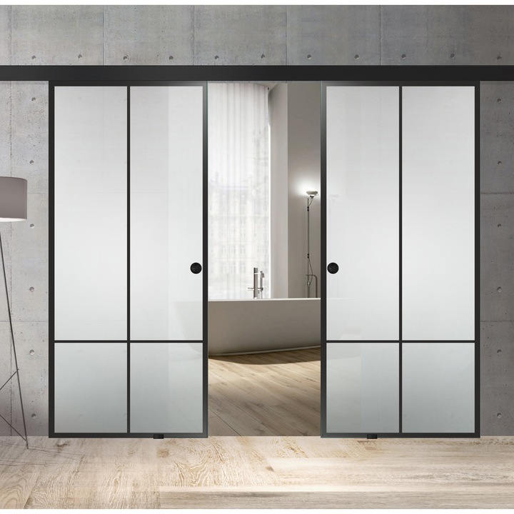 Usa culisanta Boss ® Duo Black model Club negru, 90+90x215 cm, sticla mata securizata, glisanta in ambele directii