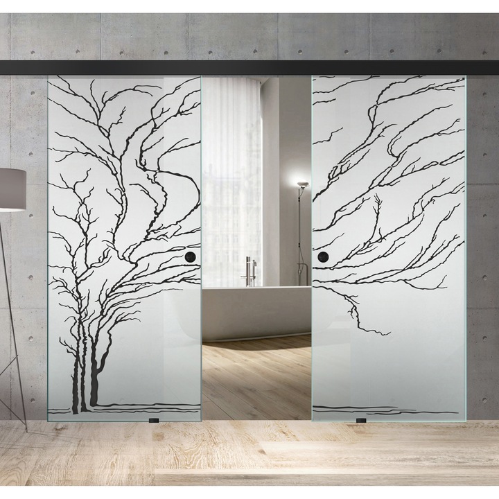 Usa culisanta Boss ® Duo Black model Tree negru, 90+90x215 cm, sticla mata securizata, glisanta in ambele directii