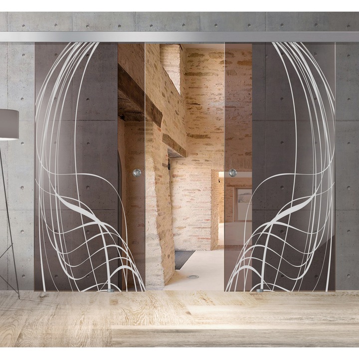 Usa culisanta Boss ® Duo model Lava alb, 2x90x215 cm, sticla bronz securizata, glisanta in ambele directii