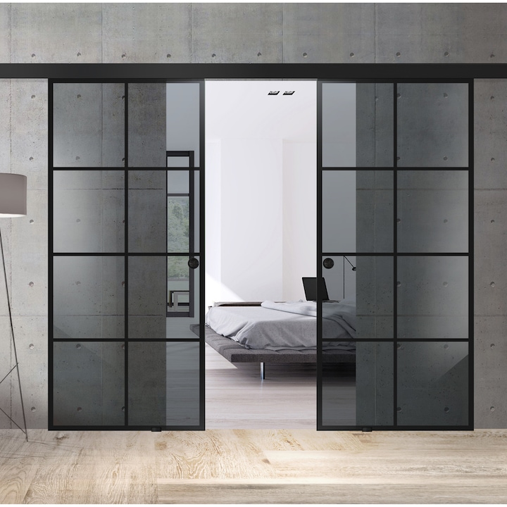 Usa glisanta Boss ® Duo Black model Rezidence negru, 90+90x215 cm, sticla gri securizata, culisanta in ambele directii