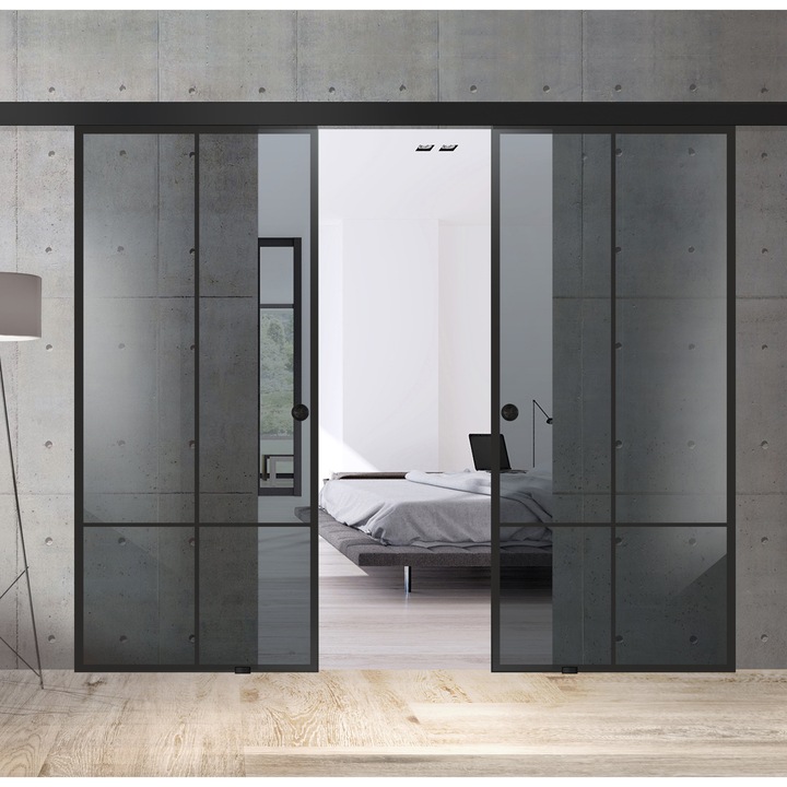 Usa culisanta Boss ® Duo Black model Club negru, 90+90x215 cm, sticla gri securizata, glisanta in ambele directii