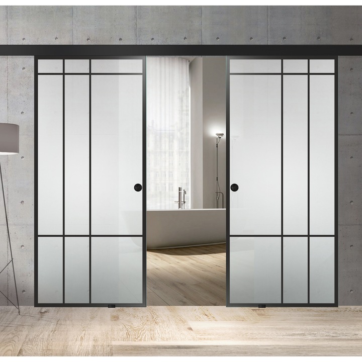 Usa culisanta Boss ® Duo Black model Event negru, 90+90x215 cm, sticla mata securizata, glisanta in ambele directii