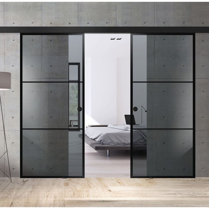 Usa glisanta Boss ® Duo Black model Vintage negru, 90+90x215 cm, sticla gri securizata, culisanta in ambele directii