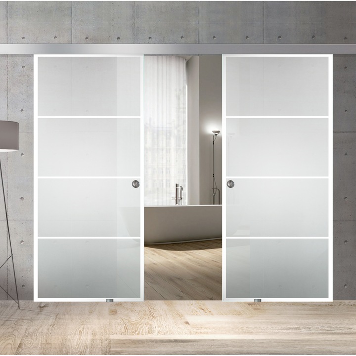 Usa culisanta Boss ® Duo model Park alb, 90+90x215 cm, sticla mata securizata, glisanta in ambele directii