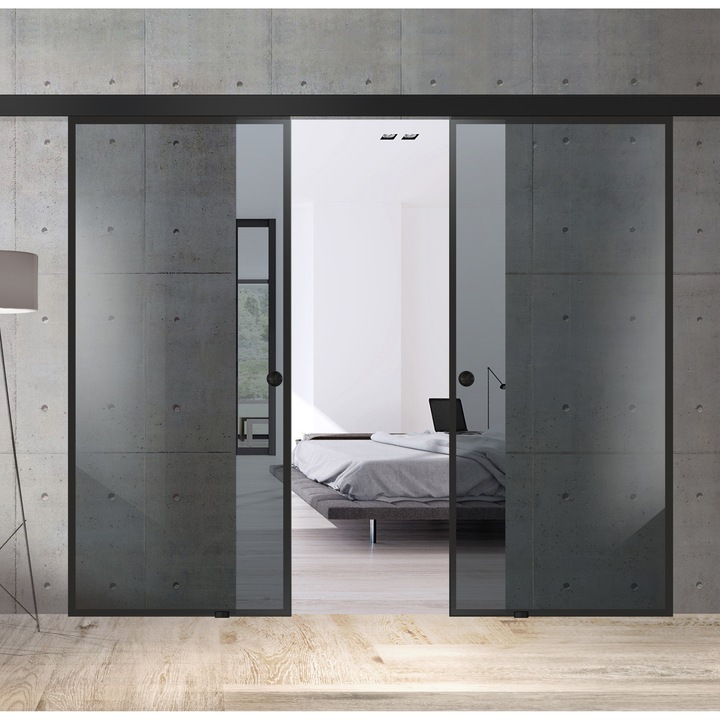 Usa culisanta Boss ® Duo Black model Confort negru, 90+90x215 cm, sticla gri securizata, glisanta in ambele directii