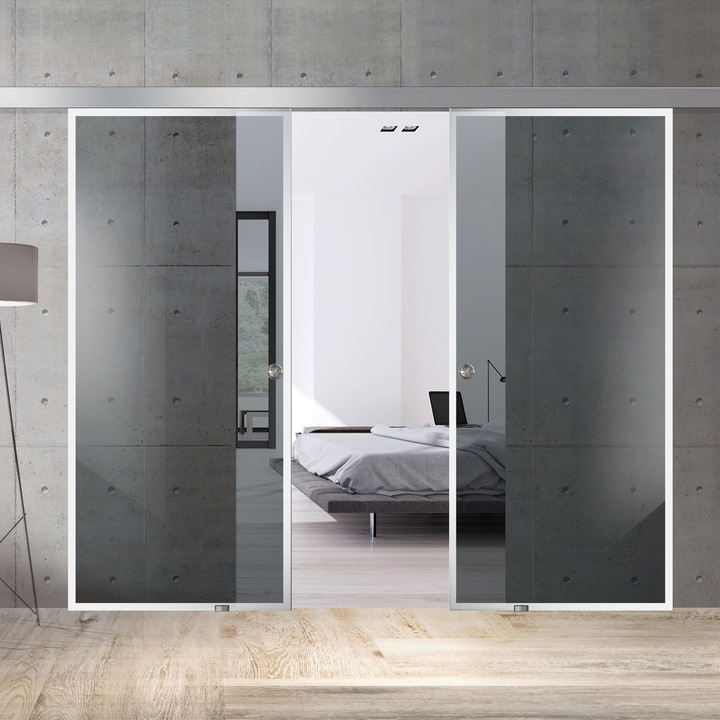 Usa glisant Boss ® Duo model Confort alb, 90+90x215 cm, sticla gri securizata, culisanta in ambele directii