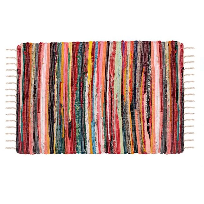 Covoras rustic, multicolor, din bumbac, cu franjuri, Syamag, 100x70 cm ...